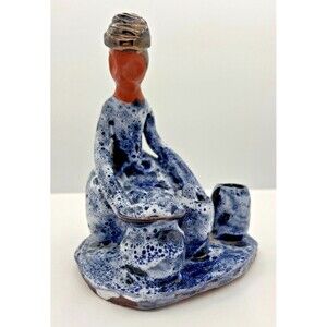 Vintage Clay‎ Art Pottery Figure Sitting w/Pots Primitive Blue Speckled Glazed